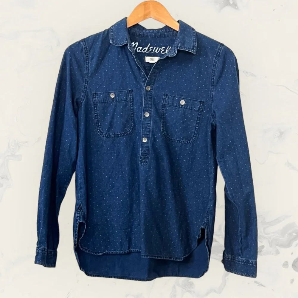 Madewell Men's Top Blue Denim Polka Dot Long Sleeve Half Button Size S Pocket - Picture 1 of 7